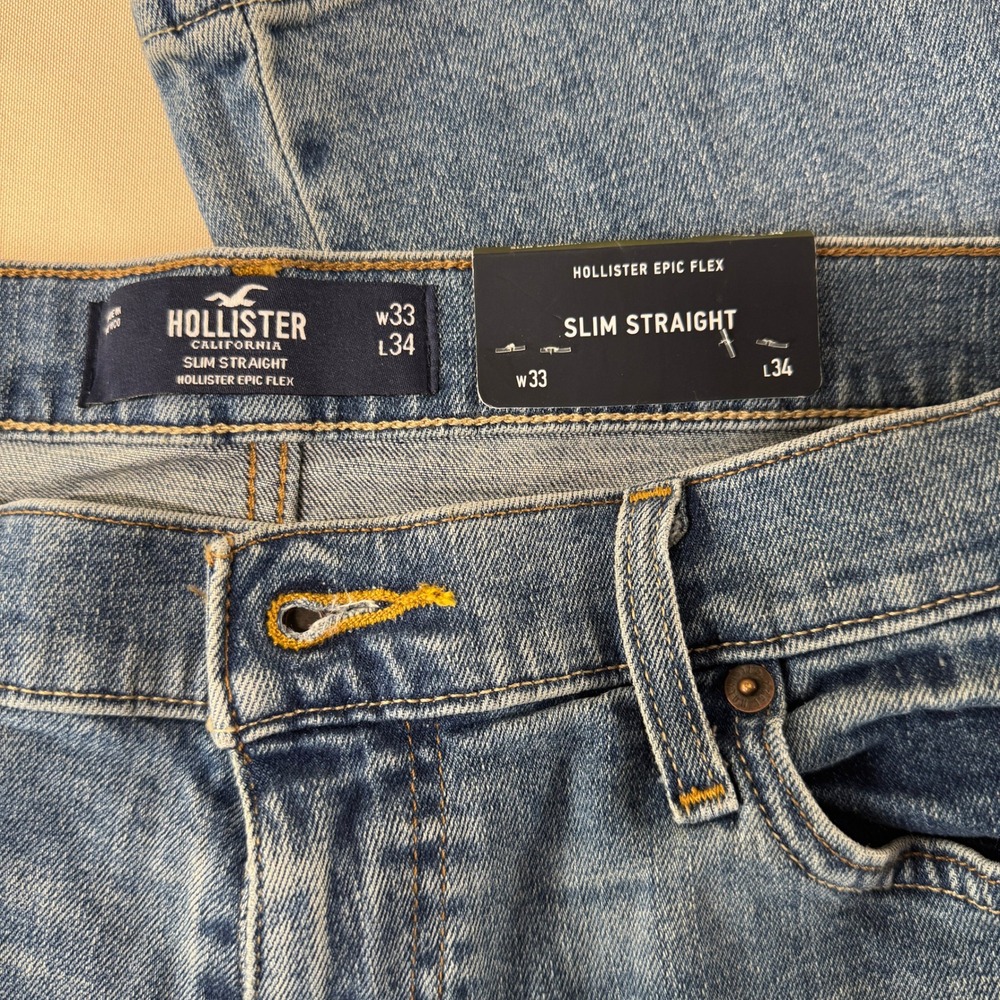 Hollister Epic Flex Slim Straight Men's Jeans 33x34 Medium Wash Blue Denim NWT - Picture 2 of 16